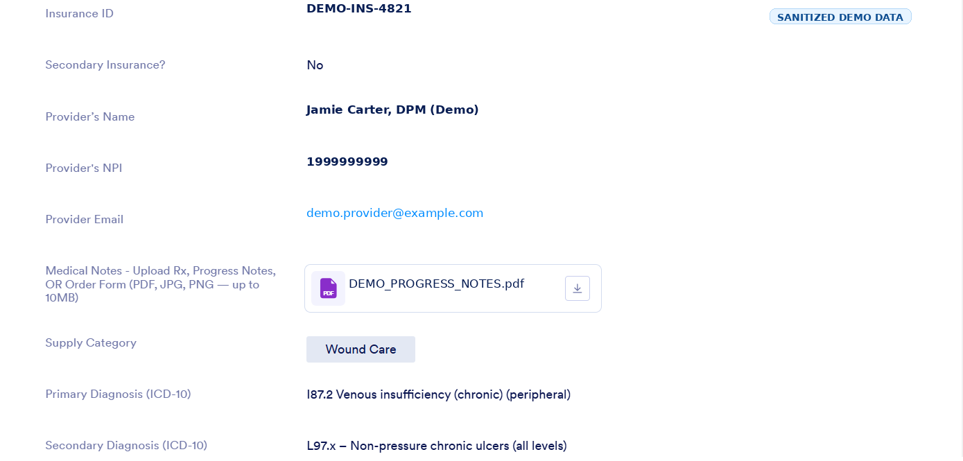 Sanitized OrderLoop case detail with demo document attached
