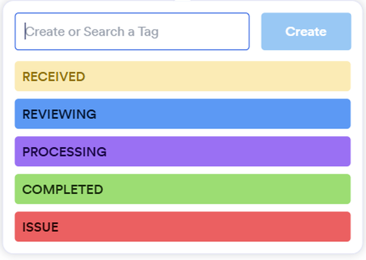 OrderLoop status labels: received, reviewing, processing, completed, and issue