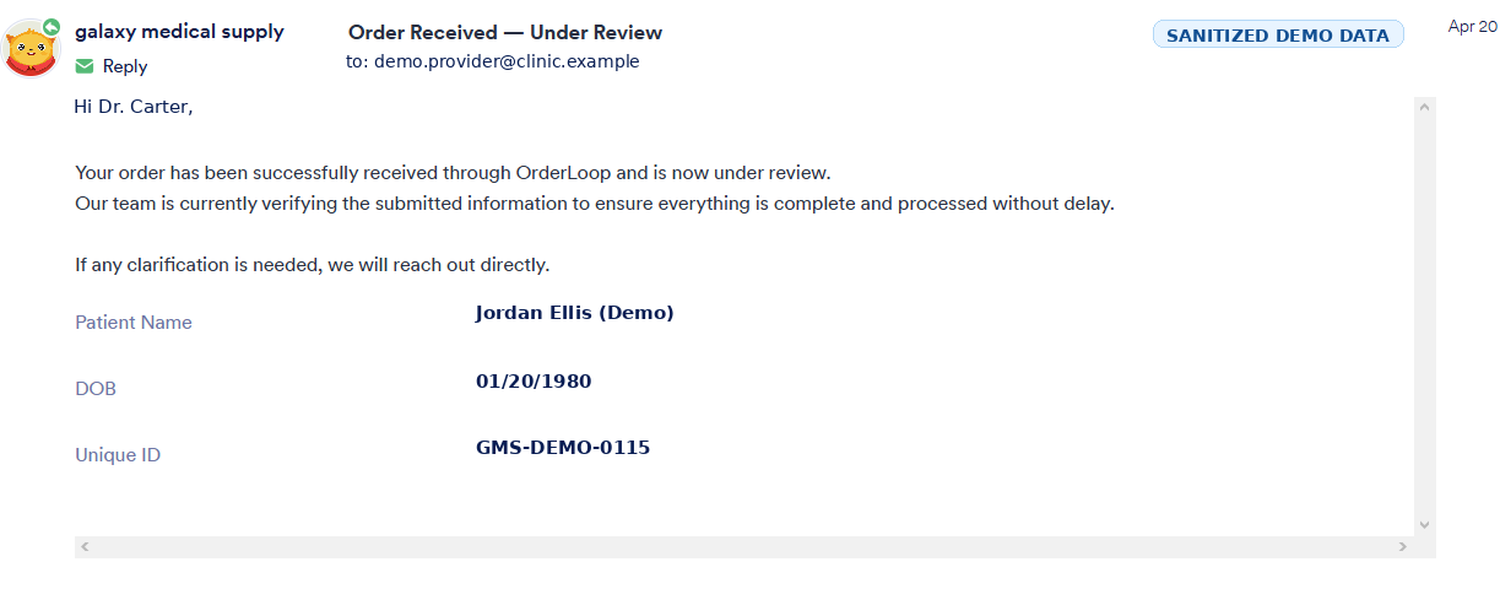 Sanitized provider status email showing order received and under review